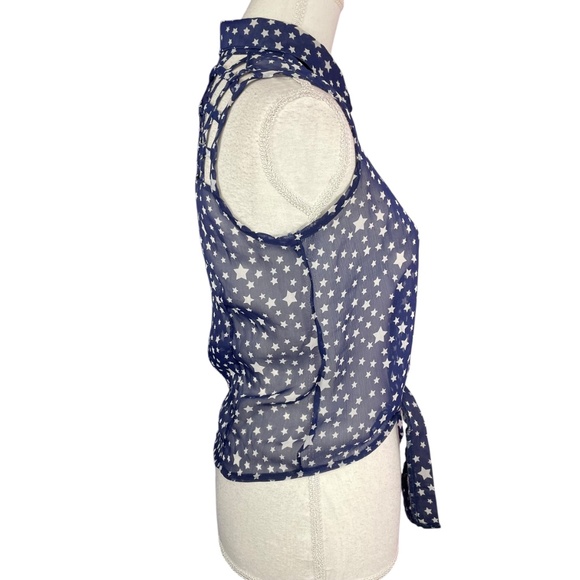 Star Print Lattice Sleeveless Blouse M Tie Waist Collared Caged Navy Blue Top - Picture 7 of 13